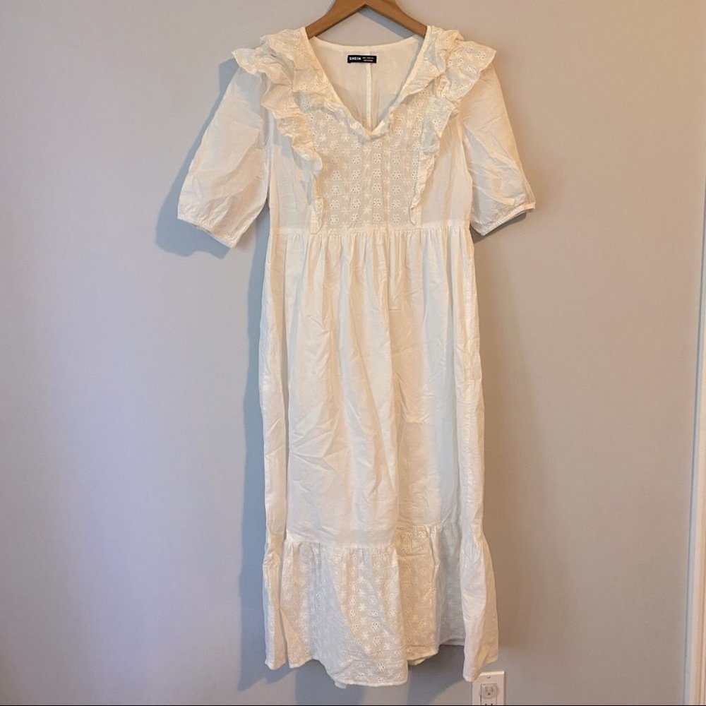 Shein womens cottagecore embroidered eyelet ruffle puff sleeve dress - size 4